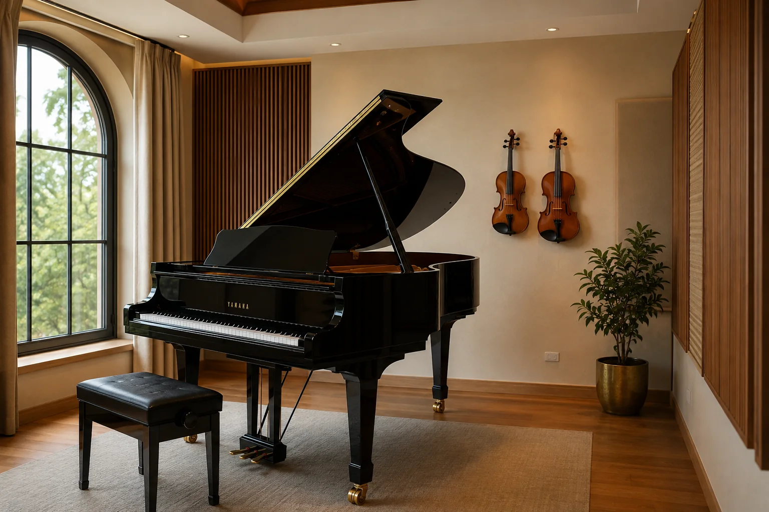 Elegant private music studio with a baby grand piano, violin, and viola