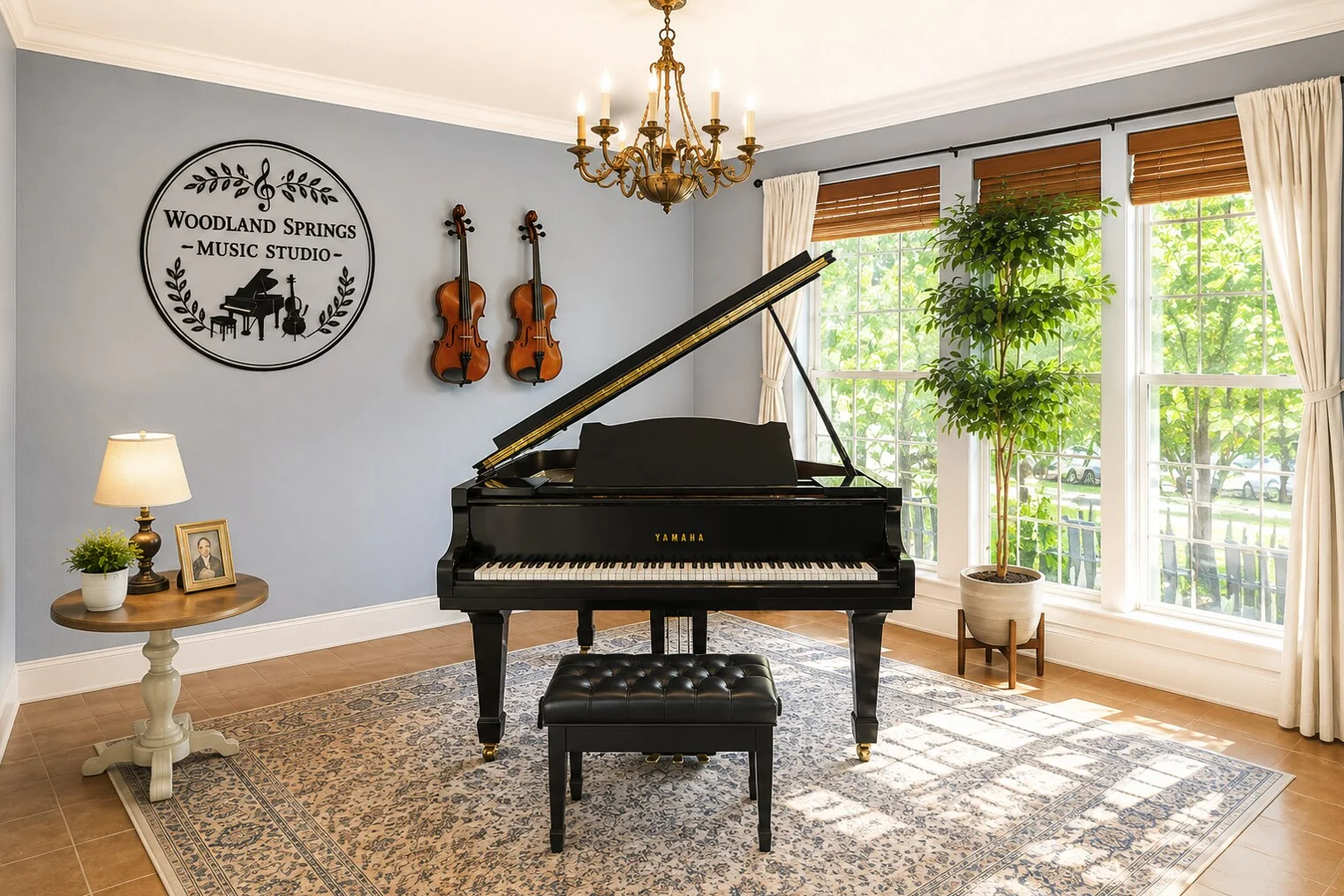 Woodland Springs Music Studio with grand piano, violins and wall logo